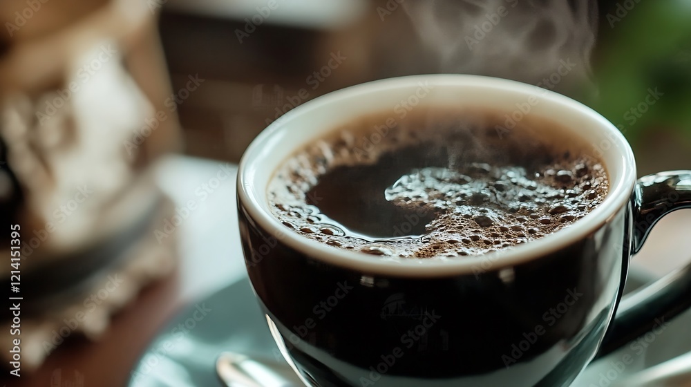 Steaming Hot Espresso in a Dark Ceramic Mug with Rich Aroma at Cozy Coffee Table : Generative AI Steaming Hot Espresso in a Dark Ceramic Mug with Rich Aroma at Cozy Coffee Table : Generative AI