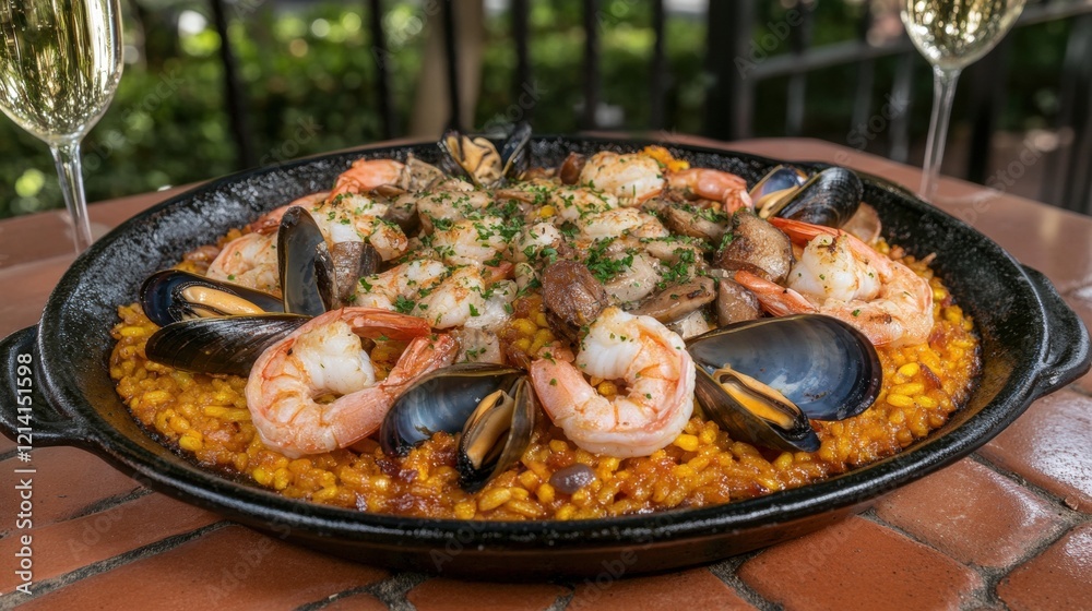 Delicious seafood paella garnished with fresh herbs and spices Delicious seafood paella garnished with fresh herbs and spices