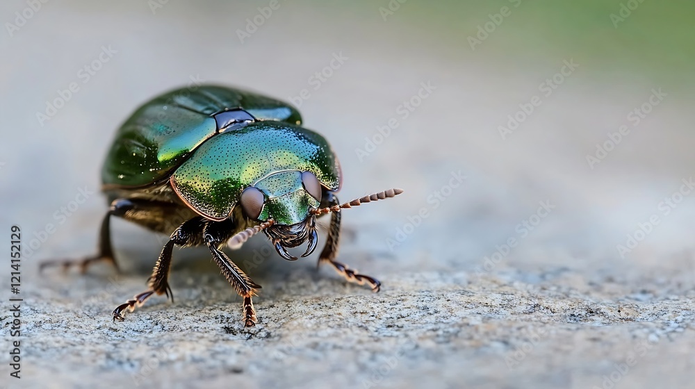 Naklejka premium Closeup of a Shiny Green Beetle on Stone Offering a Glimpse into Nature's Intricate Details and Insect Diversity : Generative AI