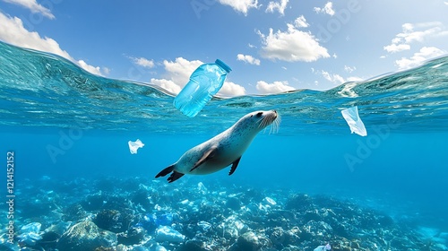 Seal Swimming Through Ocean Pollution