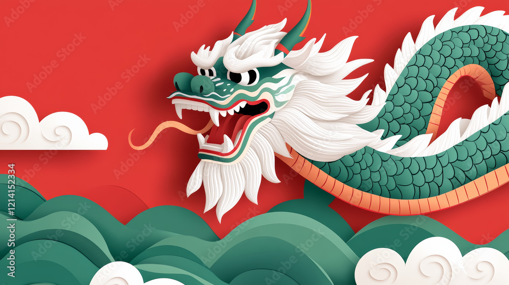 Chinese dragon with clouds on red background Chinese dragon with clouds on red background