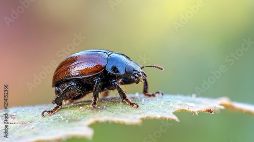 Close up of a shiny beetle on a leaf against a blurred green background : Generative AI photo