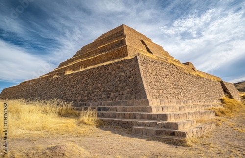 The Ziggurat of Culyocca in the City, first building built by Incan people made from mud brick and bricks, a large stone wall structure photo