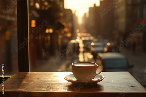  A cup of coffee or tea on a bustling cityscape outdoors.