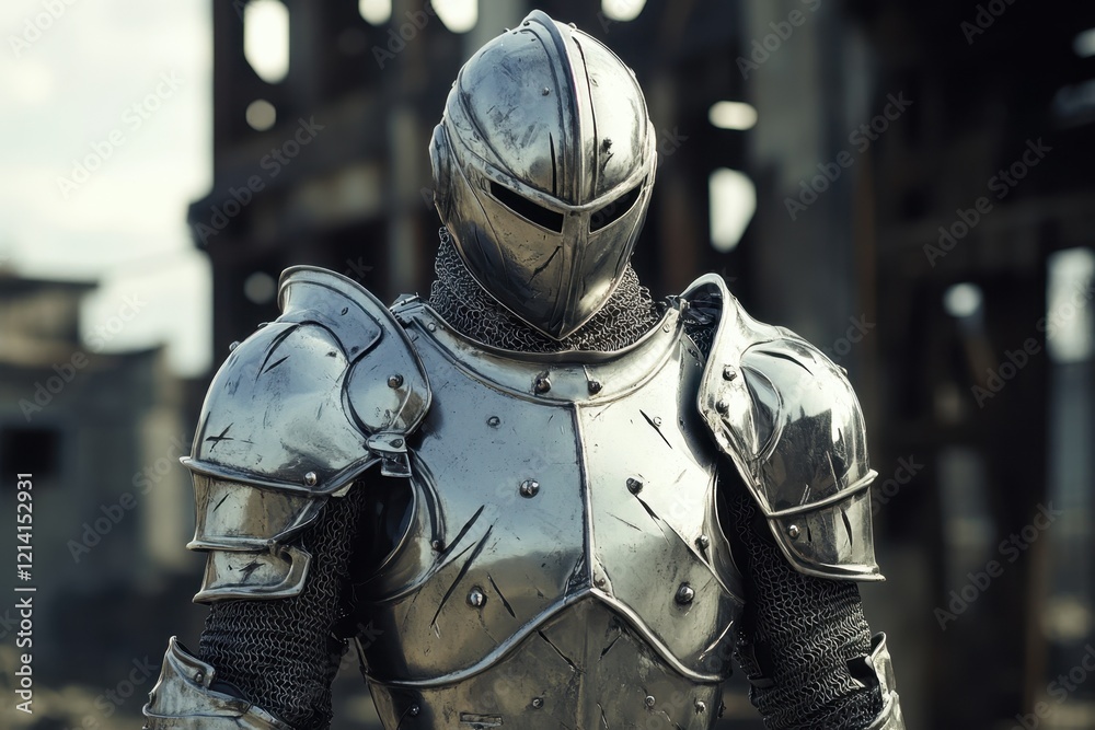 Knight in shining armor stands ready in abandoned industrial area during daylight Knight in shining armor stands ready in abandoned industrial area during daylight