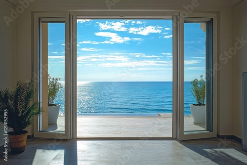 Open glass doors reveal a bright ocean view with blue sky and white clouds from a modern room