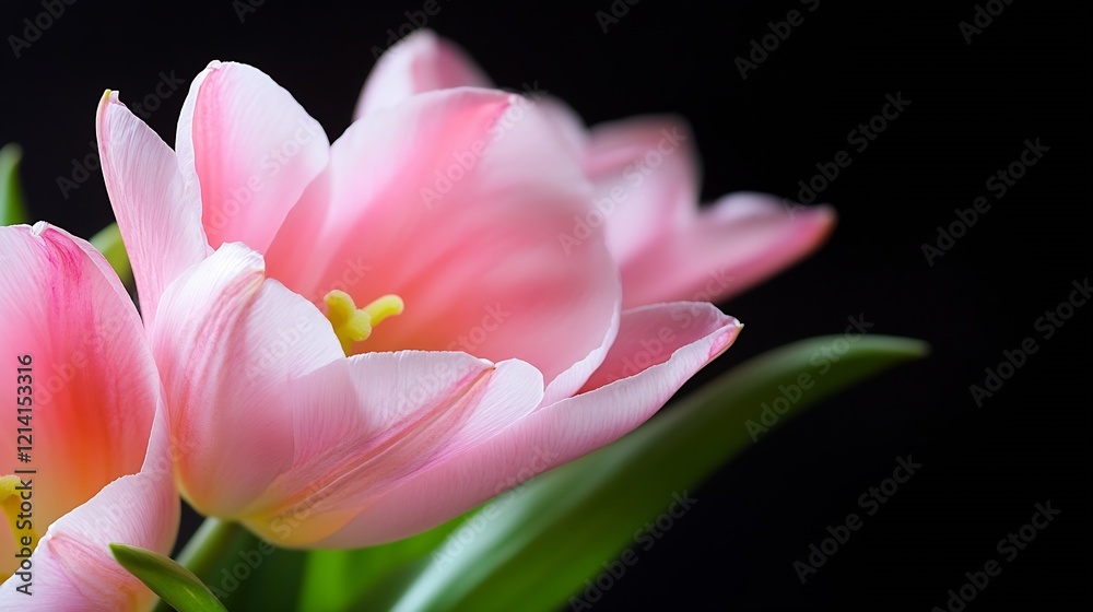 Vibrant Pink Tulips Closeup with Soft Green Stems on Dark Background : Generative AI Vibrant Pink Tulips Closeup with Soft Green Stems on Dark Background : Generative AI