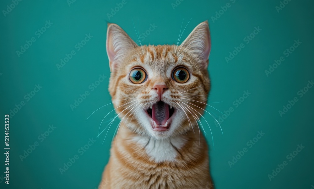 Energetic Orange Cat with Big Eyes and Open Mouth, Capturing a Moment of Surprise or Excitement Against a Solid Turquoise Background Energetic Orange Cat with Big Eyes and Open Mouth, Capturing a Moment of Surprise or Excitement Against a Solid Turquoise Background