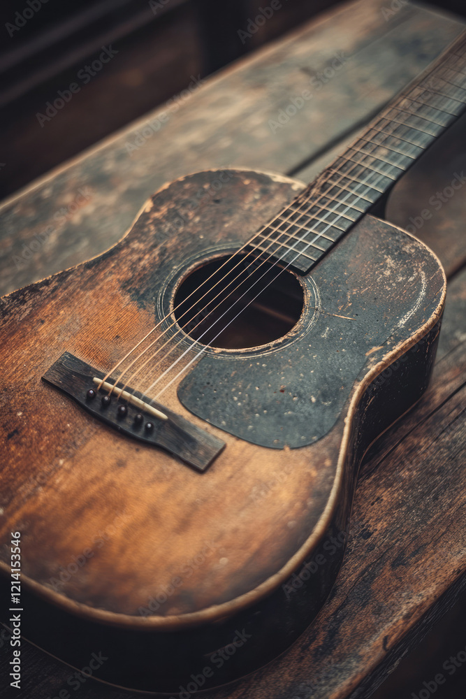 Fototapeta premium A captivating close-up photograph of a vintage acoustic guitar resting on a rustic wooden table, with soft natural lighting highlighting its intricate wood grain and fretboard details,