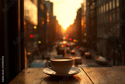  A cup of coffee or tea on a bustling cityscape outdoors.