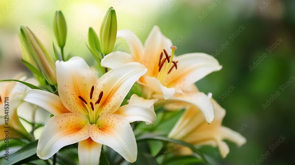 Delicate Peach Lilies in Full Bloom Against Soft Bokeh Background of Blurred Greens : Generative AI Delicate Peach Lilies in Full Bloom Against Soft Bokeh Background of Blurred Greens : Generative AI
