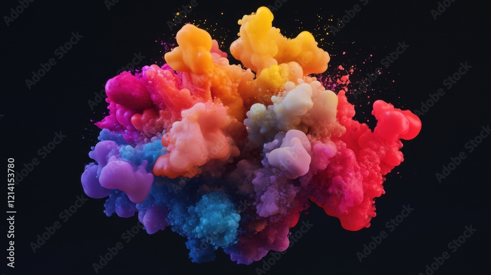 Fototapeta premium Colorful paint splashes on a black background, vibrant and dynamic, perfect for creative designs or graphic elements. 3D rendering with high-resolution details