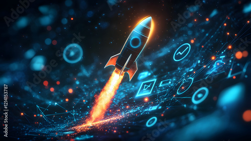 A glowing rocket launching with SEO-related icons like keyword optimization and analytics data 