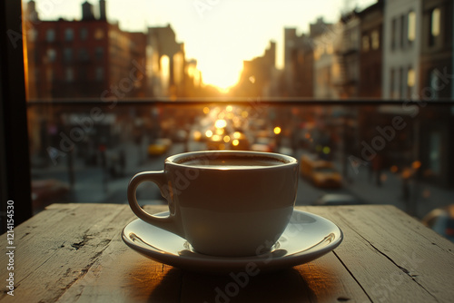  A cup of coffee or tea on a bustling cityscape outdoors.