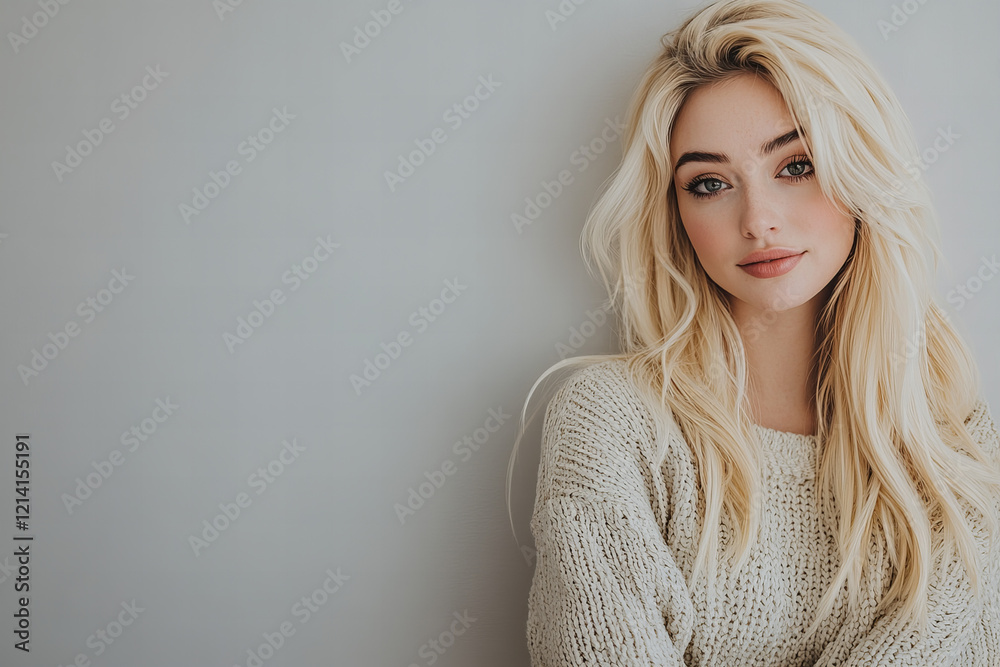 Stylish Blonde Woman in Minimalist Casual Outfit, Posing Against Neutral Background with Confidence and Elegance Stylish Blonde Woman in Minimalist Casual Outfit, Posing Against Neutral Background with Confidence and Elegance