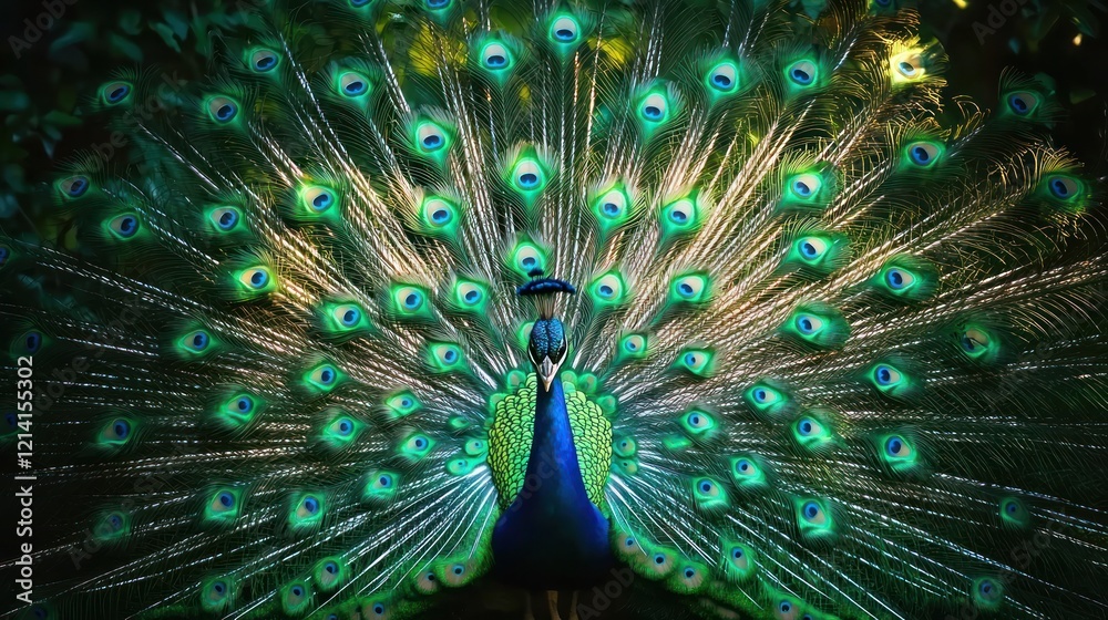 Obraz premium Peacock displaying its magnificent fan of iridescent tail feathers in full splendor.