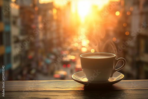  A cup of coffee or tea on a bustling cityscape outdoors.