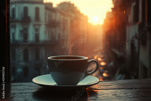  A cup of coffee or tea on a bustling cityscape outdoors.