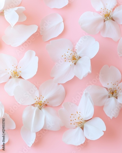 Delicate white blossoms are spread across a pale pink backdrop, evoking feelings of gracefulness and tranquility