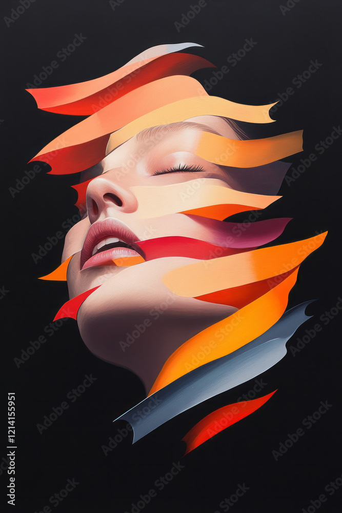 Obraz premium An abstract portrait of a person with multiple, overlapping faces and vivid colors, representing the fragmented and vivid nature of hallucinations,