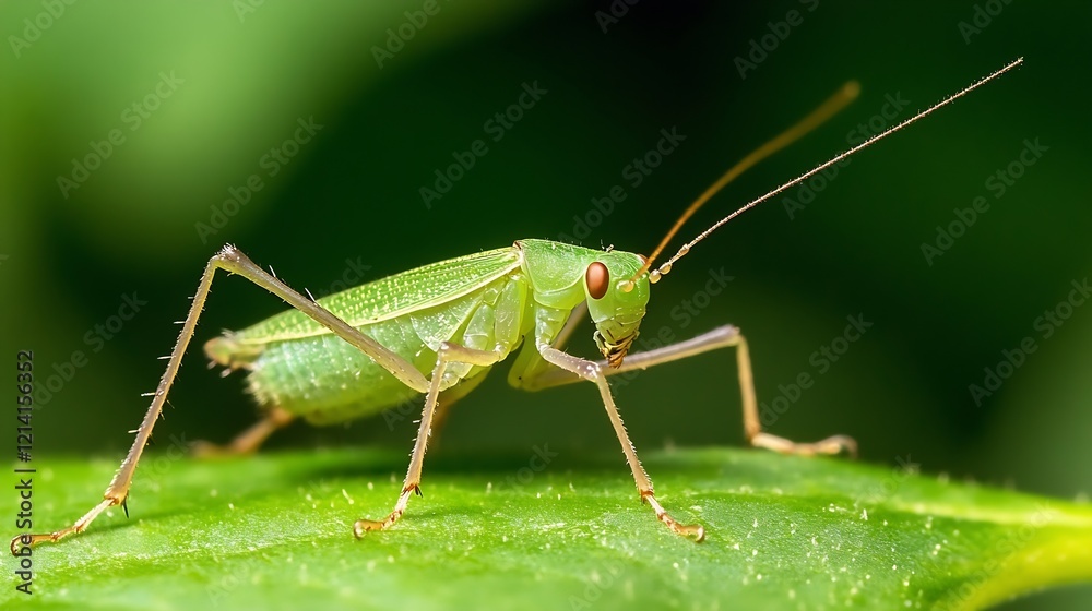 Close up of a green katydid insect perched on a fresh leaf in a natural setting : Generative AI Close up of a green katydid insect perched on a fresh leaf in a natural setting : Generative AI