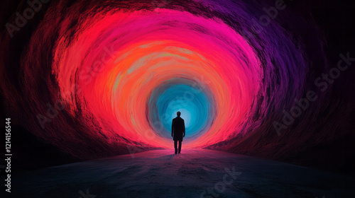 A vivid illustration of a person walking through a tunnel of colorful lights and abstract shapes, symbolizing the disorienting journey of experiencing hallucinations, photo