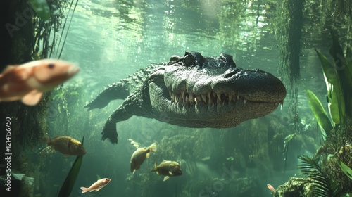 Underwater alligator with fish swimming around it in a murky green aquatic environment.
