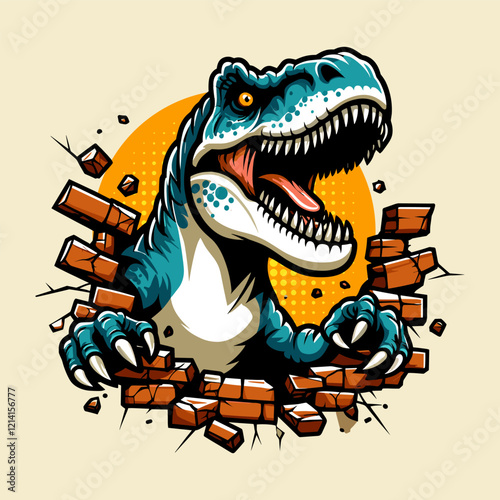 green T-Rex Breaking Wall Illustration