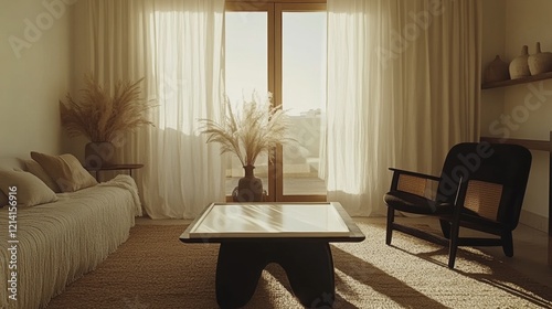 Modern Minimalist Living Room with Warm Natural Light and Decor