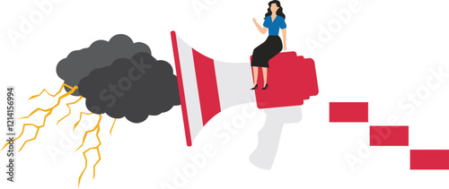 Publicizing negativity or negative news, bad or poor feedback, dissatisfaction or complaints, embittered businesswomen sitting on megaphones that emit dark clouds and lightning bolts