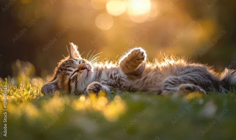 Playful Tabby Kitten Enjoys a Sunny Afternoon Nap, Bathed in Warm Golden Light on a Soft Green Grass, Capturing the Essence of Summer Bliss and Innocence Playful Tabby Kitten Enjoys a Sunny Afternoon Nap, Bathed in Warm Golden Light on a Soft Green Grass, Capturing the Essence of Summer Bliss and Innocence