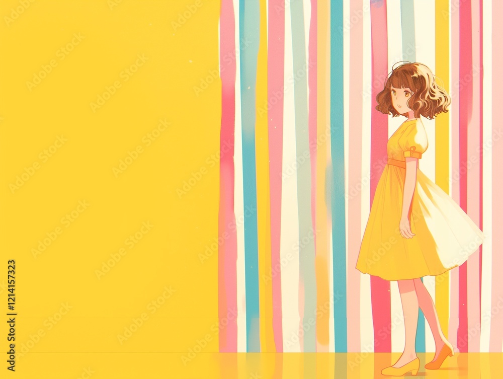 Illustration of a Girl Standing Against a Yellow and Striped Background Illustration of a Girl Standing Against a Yellow and Striped Background