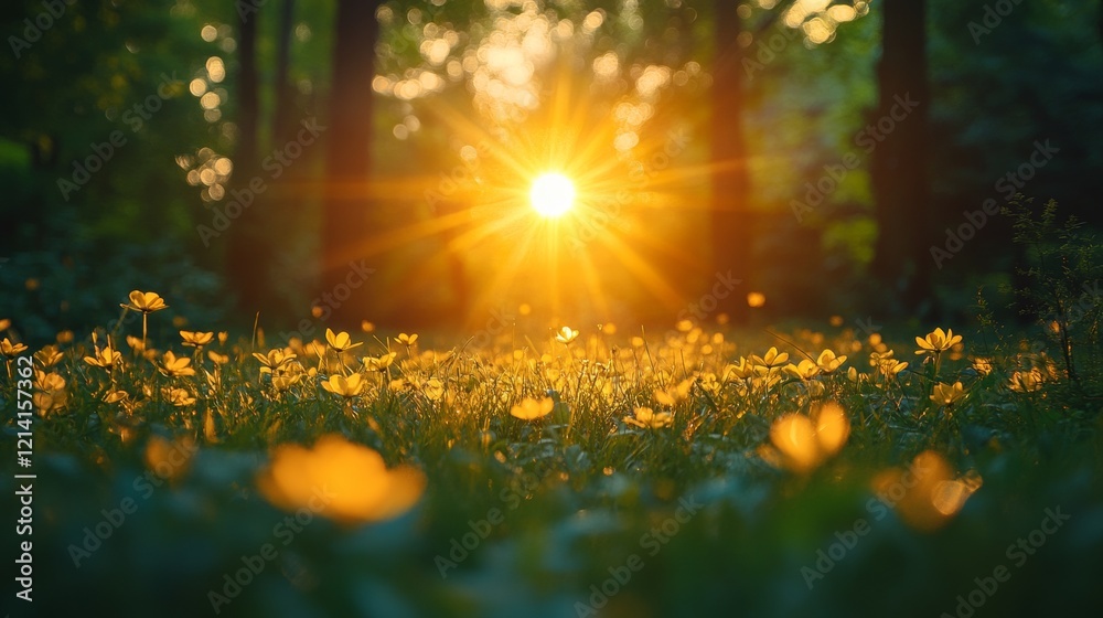 Obraz premium Sunburst through a meadow with wildflowers