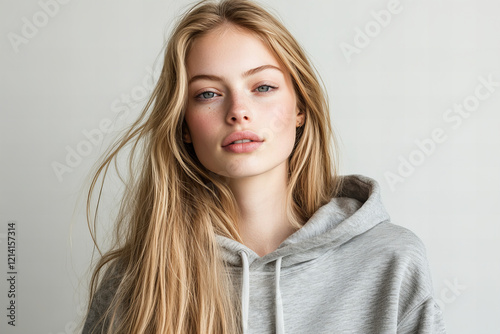 Confident Blonde Woman in Casual Fashion, Posing Against Neutral Background, Representing Modern Style and Self-Assurance photo