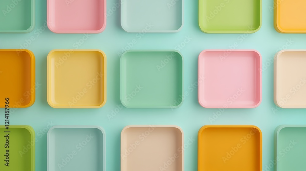 Colorful Square Plates Arranged on a Turquoise Background for Interior Design Inspiration Colorful Square Plates Arranged on a Turquoise Background for Interior Design Inspiration
