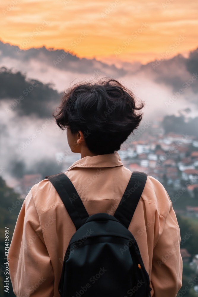 Fototapeta premium A young person admires a stunning sunset while standing in front of misty mountains, with a town visible below