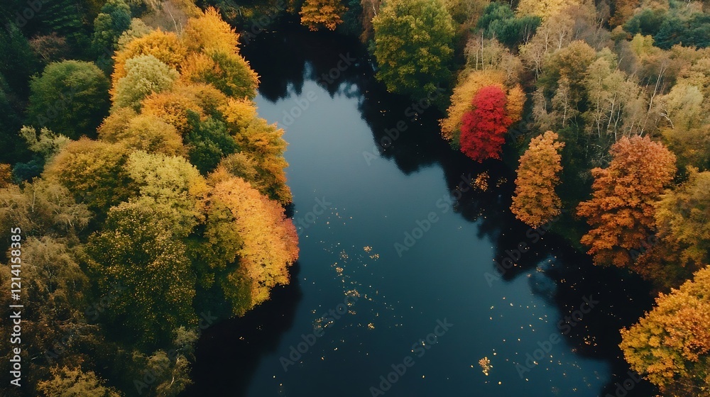 Aerial View of Vibrant Autumn Foliage Surrounding Serene Lake in Scenic Forest Setting : Generative AI Aerial View of Vibrant Autumn Foliage Surrounding Serene Lake in Scenic Forest Setting : Generative AI
