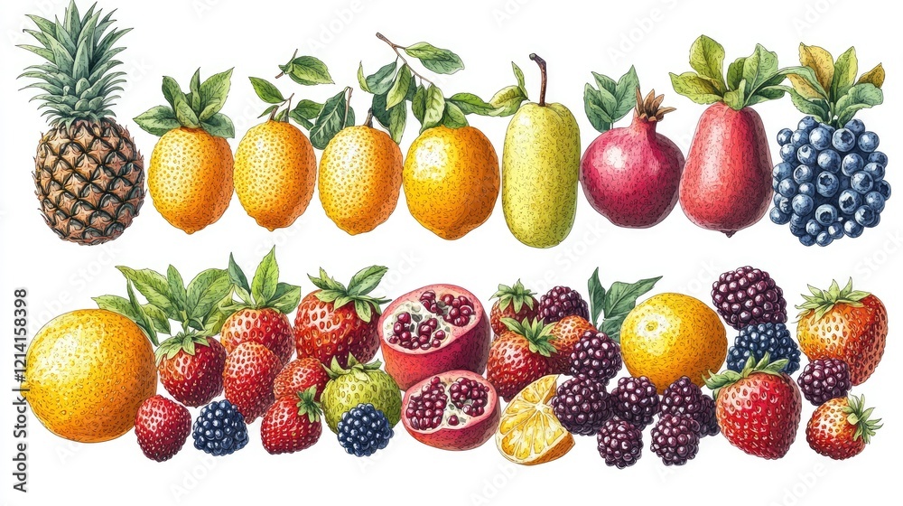 Colorful fruit illustration, white background, food design Colorful fruit illustration, white background, food design
