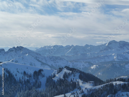 Mountain hiking at Brecherspitze mountain, Bavaria, Germany in wintertime photo