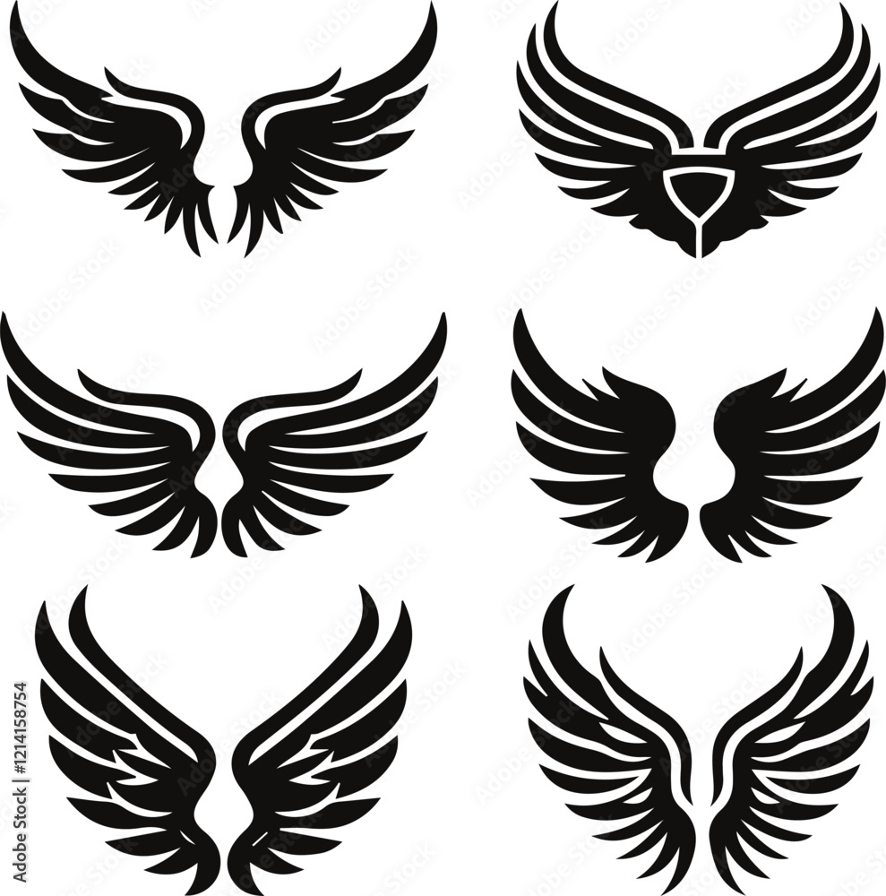 Black wings silhouette vector set, the wings set is ideal for logo, emblem, badge design. Versatile for art, heraldry, animal symbolism. set of multiple wings Black wings silhouette vector set, the wings set is ideal for logo, emblem, badge design. Versatile for art, heraldry, animal symbolism. set of multiple wings