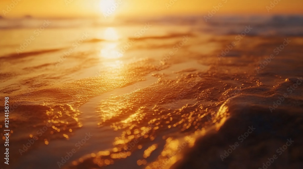 Obraz premium Golden Hour at the Beach Waves and Sunlight Reflection on the wet sand