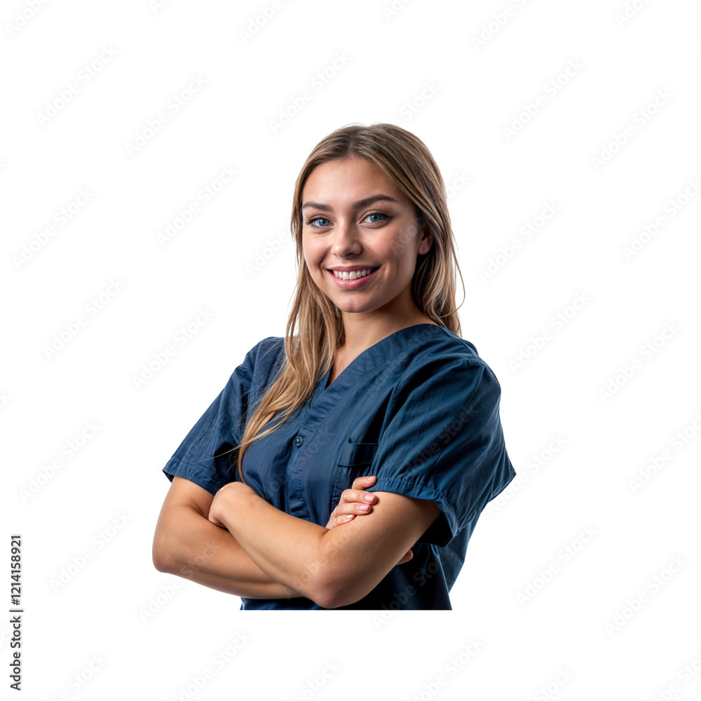 Confident and Caring: A young woman in a professional medical uniform, with a warm smile and arms crossed, exudes confidence and care. Her expression is reassuring. Confident and Caring: A young woman in a professional medical uniform, with a warm smile and arms crossed, exudes confidence and care. Her expression is reassuring.