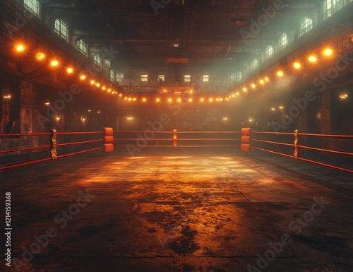 Intense boxing match preparation abandoned arena sports photography urban setting atmospheric lighting competitive spirit