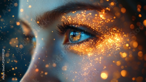Woman's eye with glowing golden particles