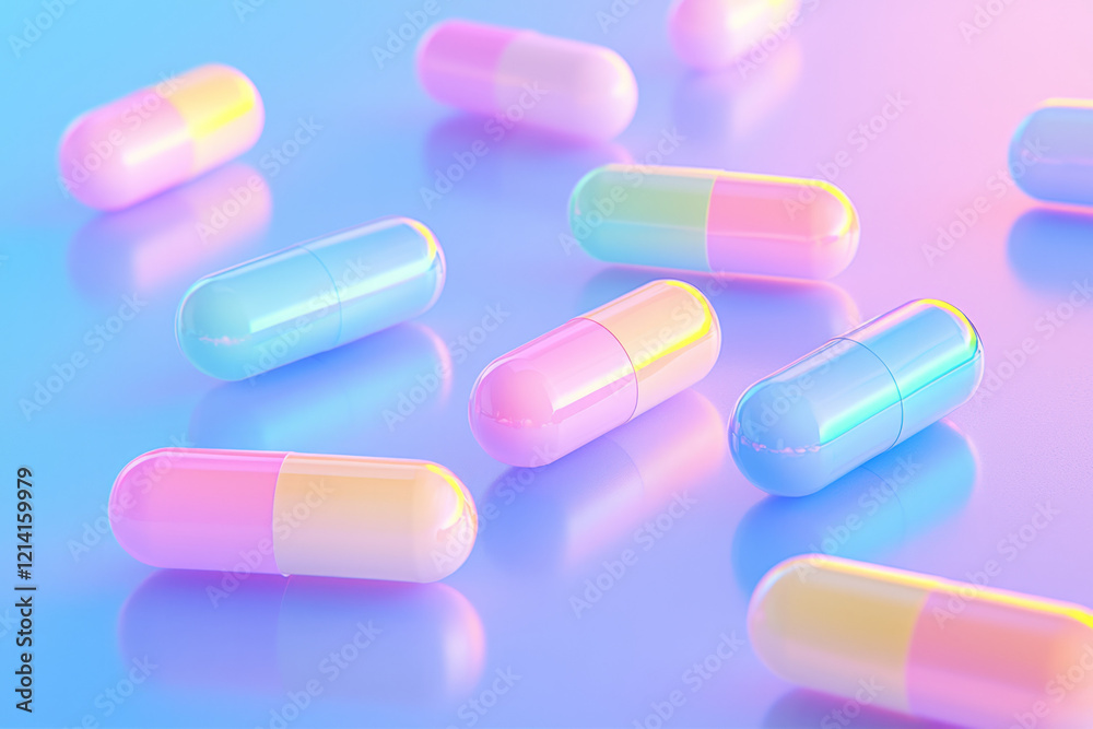 A vibrant close-up of colorful vitamin pills scattered artistically on a smooth, reflective surface, with soft lighting highlighting their glossy textures and vivid hues, A vibrant close-up of colorful vitamin pills scattered artistically on a smooth, reflective surface, with soft lighting highlighting their glossy textures and vivid hues,