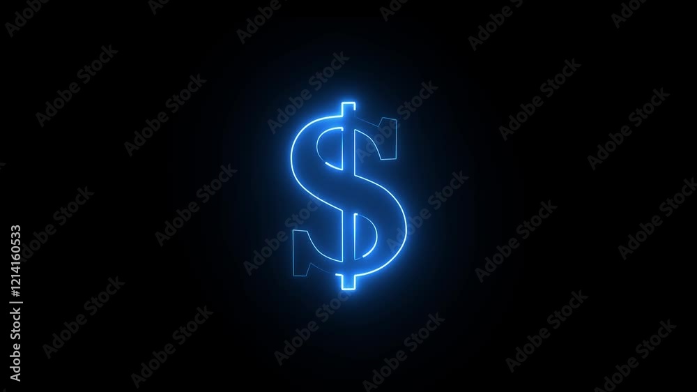 Glowing neon dollar icon animated. Dollar sign glowing neon on isolated black background.