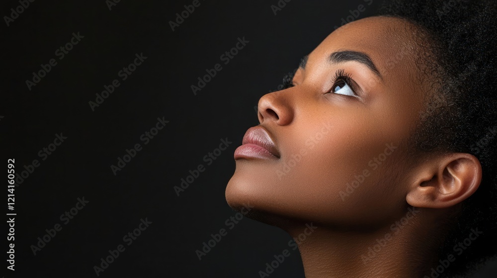 portrait with a side profile of a person gazing up, highlighting their features.