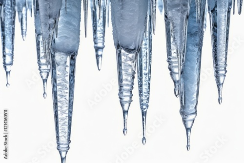 Icicles hanging against a pure white background with frost and melting water droplets in a winter scene photo