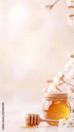 Golden blossom honey jar with drizzler and spring flowers close up photo