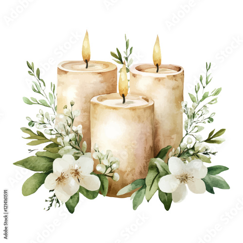 Watercolor candles with greenery and white flowers, a clip art design on a pure white backgroundckground.